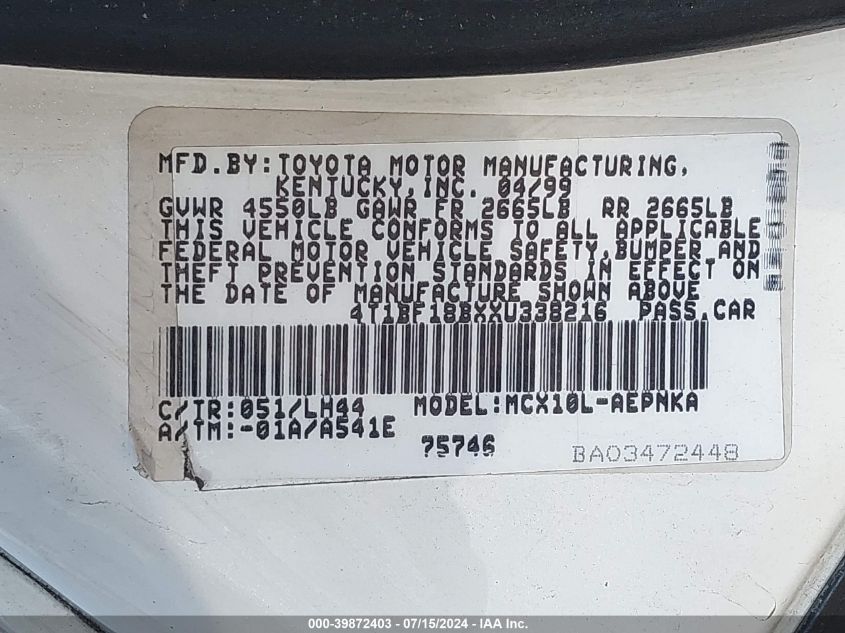 1999 Toyota Avalon Xl VIN: 4T1BF18BXXU338216 Lot: 39872403