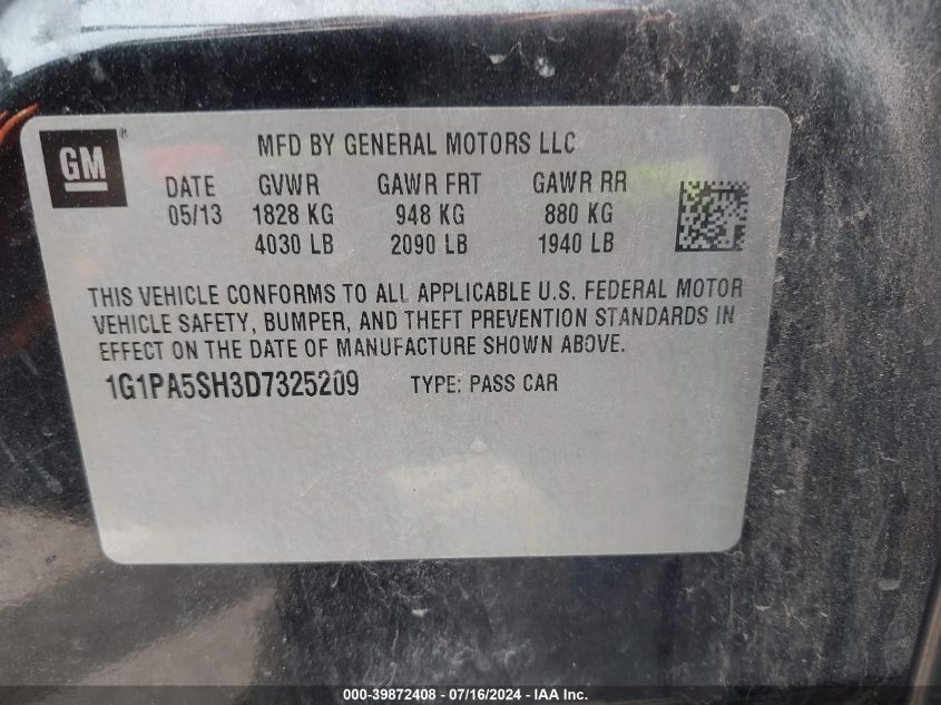 2013 Chevrolet Cruze Ls Auto VIN: 1G1PA5SH3D7325209 Lot: 39872408