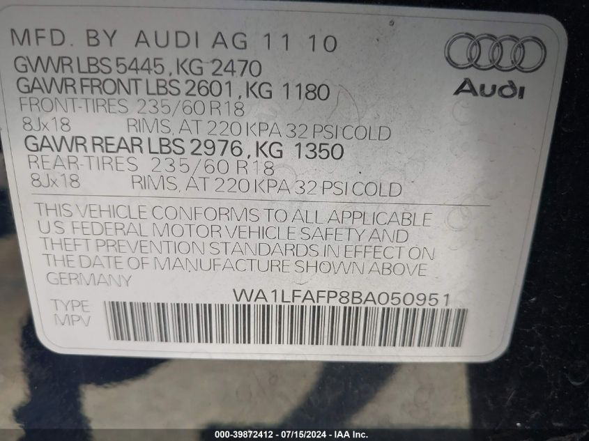 2011 Audi Q5 2.0T Premium VIN: WA1LFAFP8BA050951 Lot: 39872412