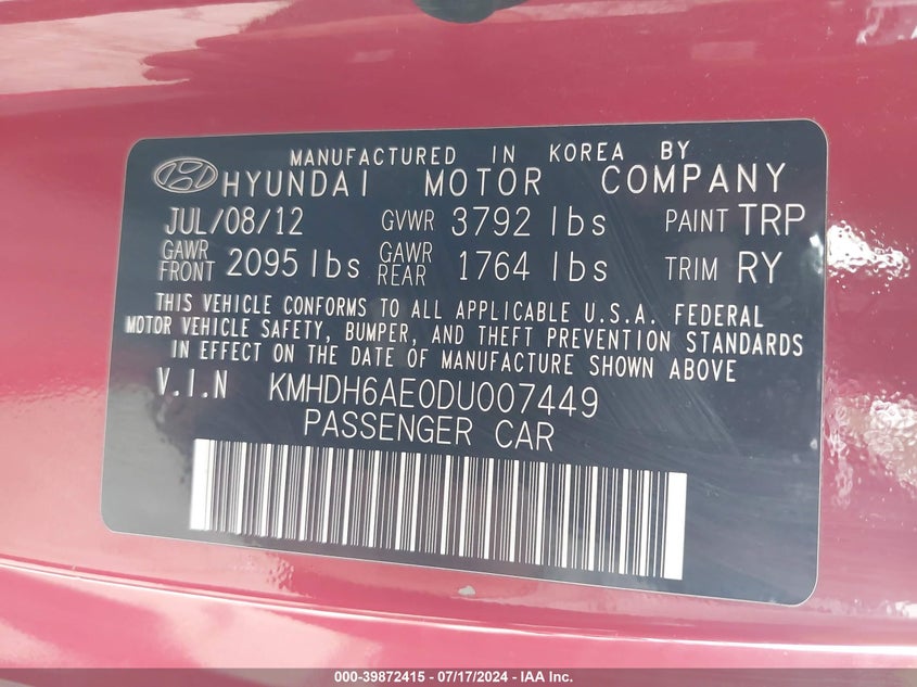 2013 Hyundai Elantra Gs VIN: KMHDH6AE0DU007449 Lot: 39872415
