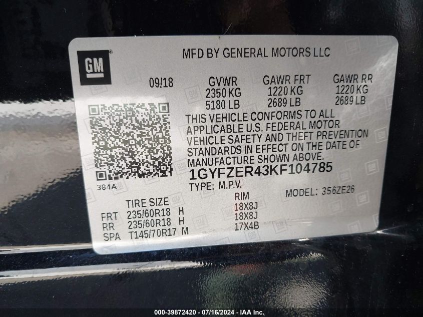 2019 Cadillac Xt4 Sport VIN: 1GYFZER43KF104785 Lot: 39872420