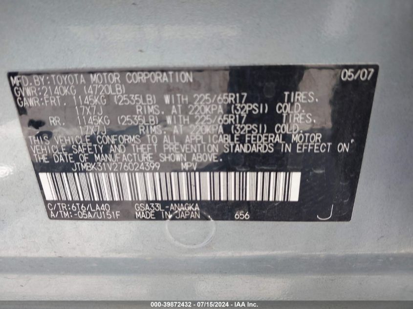 2007 Toyota Rav4 Limited V6 VIN: JTMBK31V276024399 Lot: 39872432