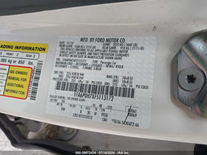 2015 Ford Fusion Se VIN: 1FA6P0H7XF5113172 Lot: 39872434