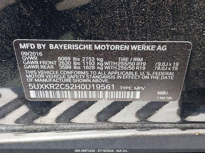 2017 BMW X5 Sdrive35I VIN: 5UXKR2C52H0U19561 Lot: 39872435