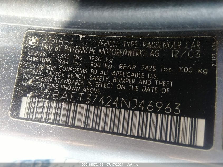 2004 BMW 325I I VIN: WBAET37424NJ46963 Lot: 39872438