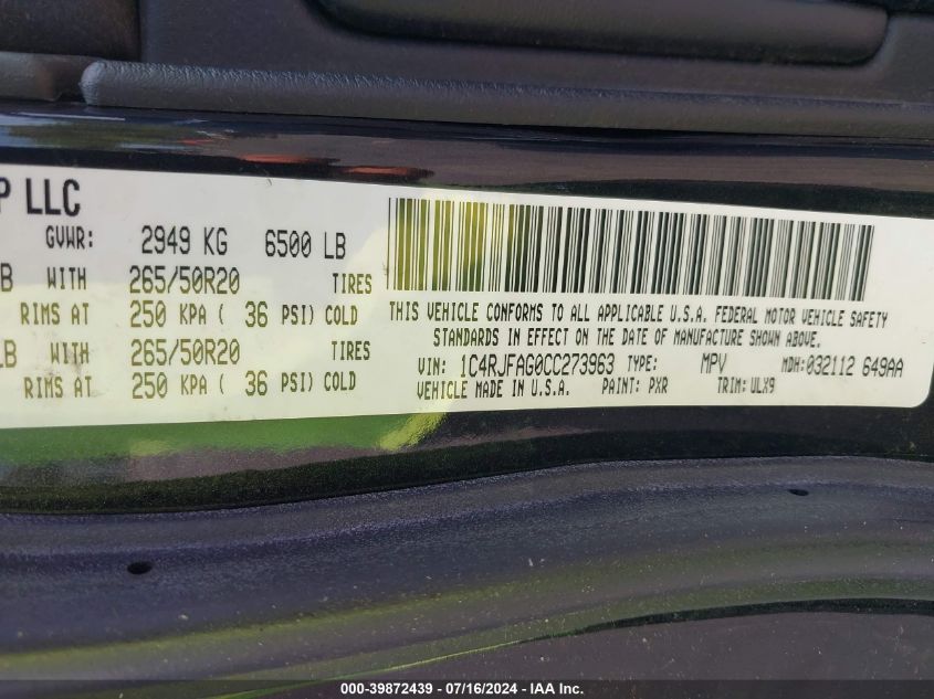 2012 Jeep Grand Cherokee Laredo VIN: 1C4RJFAG0CC273963 Lot: 39872439