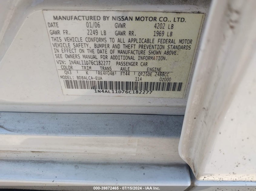 1N4AL11D76C182277 2006 Nissan Altima 2.5 S
