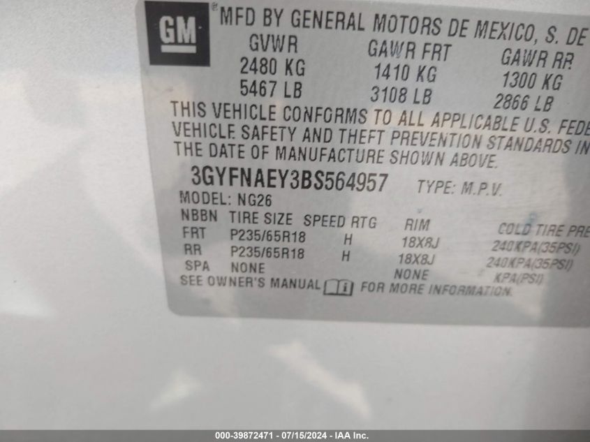 2011 Cadillac Srx Luxury Collection VIN: 3GYFNAEY3BS564957 Lot: 39872471