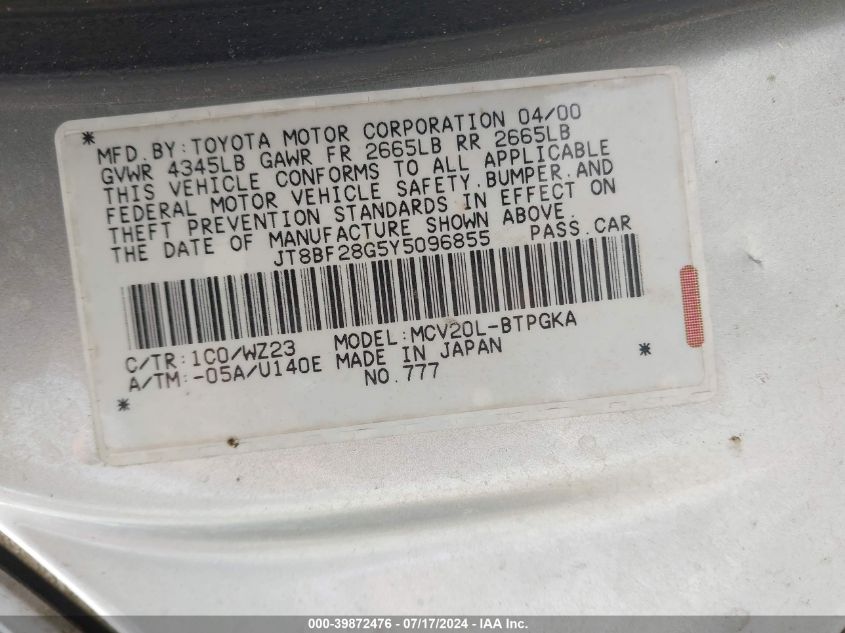 2000 Lexus Es 300 VIN: JT8BF28G5Y5096855 Lot: 39872476