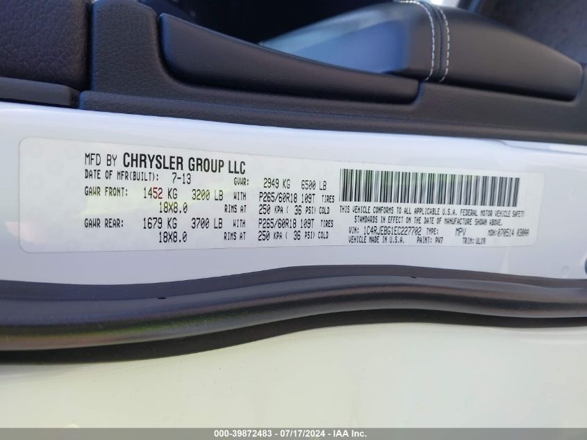 2014 Jeep Grand Cherokee Limited VIN: 1C4RJEBG1EC227702 Lot: 39872483