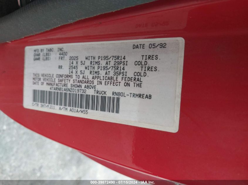 1992 Toyota Pickup 1/2 Ton Short Whlbase Stb VIN: 4TARN81A6NZ019732 Lot: 39871987