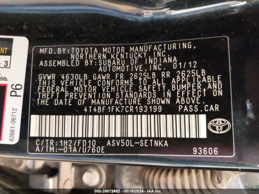 2012 Toyota Camry Le VIN: 4T4BF1FK7CR193199 Lot: 39872492