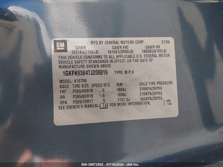 2007 GMC Yukon Denali VIN: 1GKFK63847J208819 Lot: 39872502