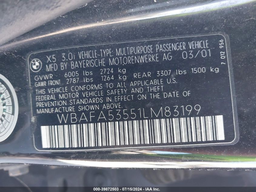 2001 BMW X5 3.0 VIN: WBAFA53551LM83199 Lot: 39872503