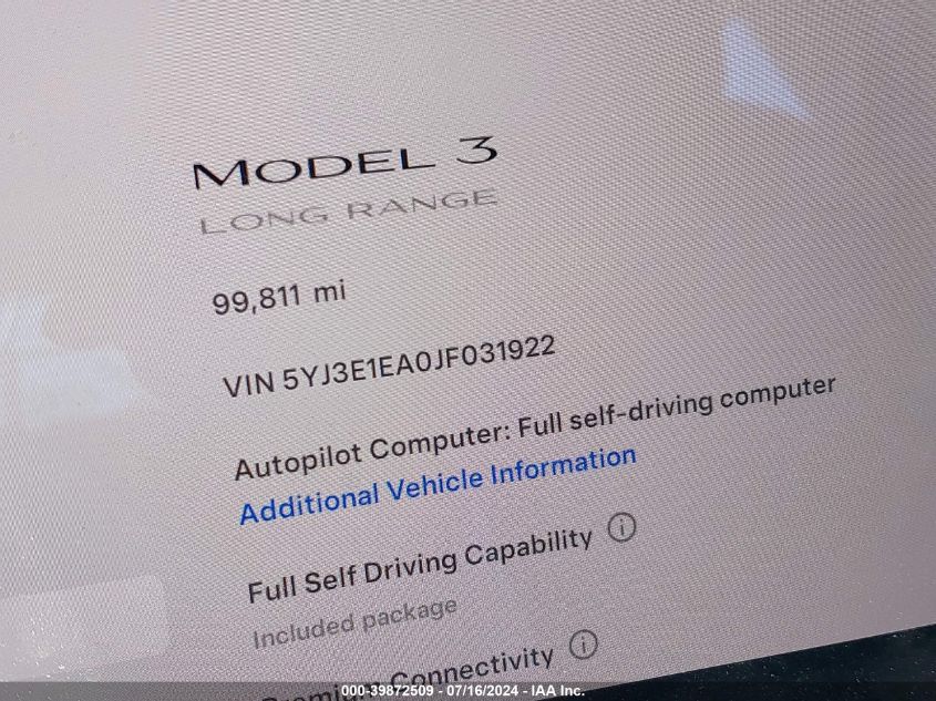 2018 Tesla Model 3 Long Range/Mid Range VIN: 5YJ3E1EA0JF031922 Lot: 39872509