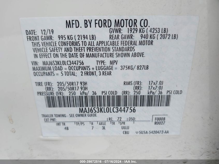 2020 Ford Ecosport Titanium VIN: MAJ6S3KL0LC344756 Lot: 39872516
