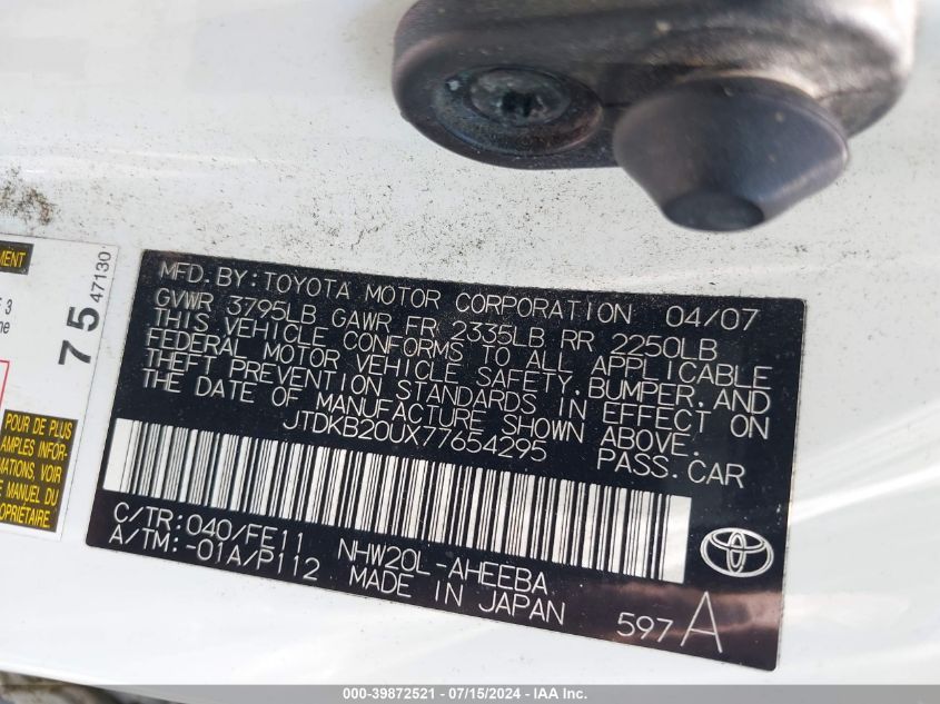 2007 Toyota Prius VIN: JTDKB20UX77654295 Lot: 39872521