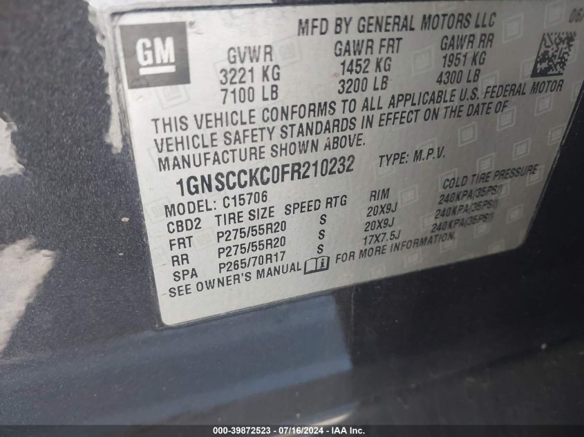 2015 Chevrolet Tahoe Ltz VIN: 1GNSCCKC0FR210232 Lot: 39872523