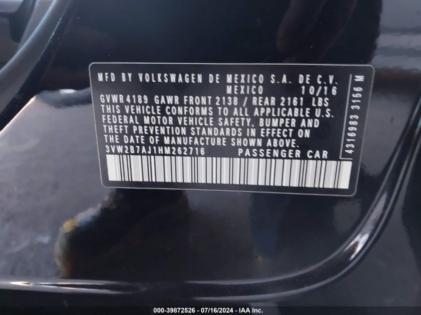 2017 Volkswagen Jetta S VIN: 3VW2B7AJ1HM262716 Lot: 39872526