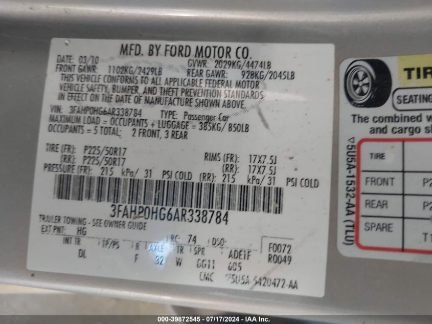 2010 Ford Fusion Se VIN: 3FAHP0HG6AR338784 Lot: 39872545