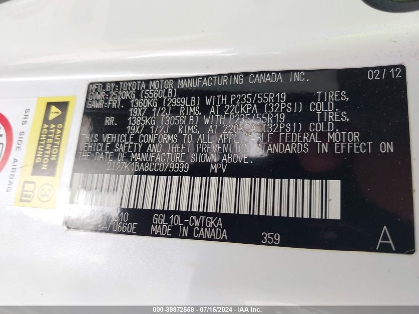 2012 Lexus Rx 350 VIN: 2T2ZK1BA8CC079999 Lot: 39872558