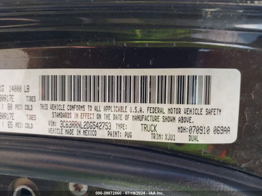 2013 Ram 3500 Longhorn VIN: 3C63RRNL2DG542753 Lot: 39872560