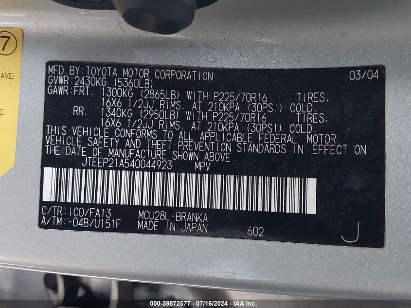 2004 Toyota Highlander VIN: JTEEP21A540044923 Lot: 39872577