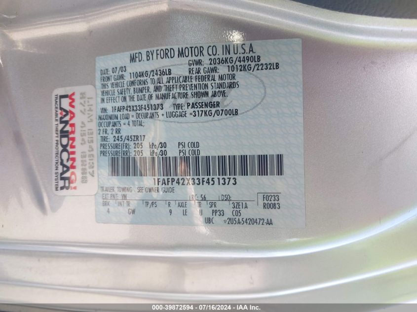 2003 Ford Mustang Gt VIN: 1FAFP42X33F451373 Lot: 39872594