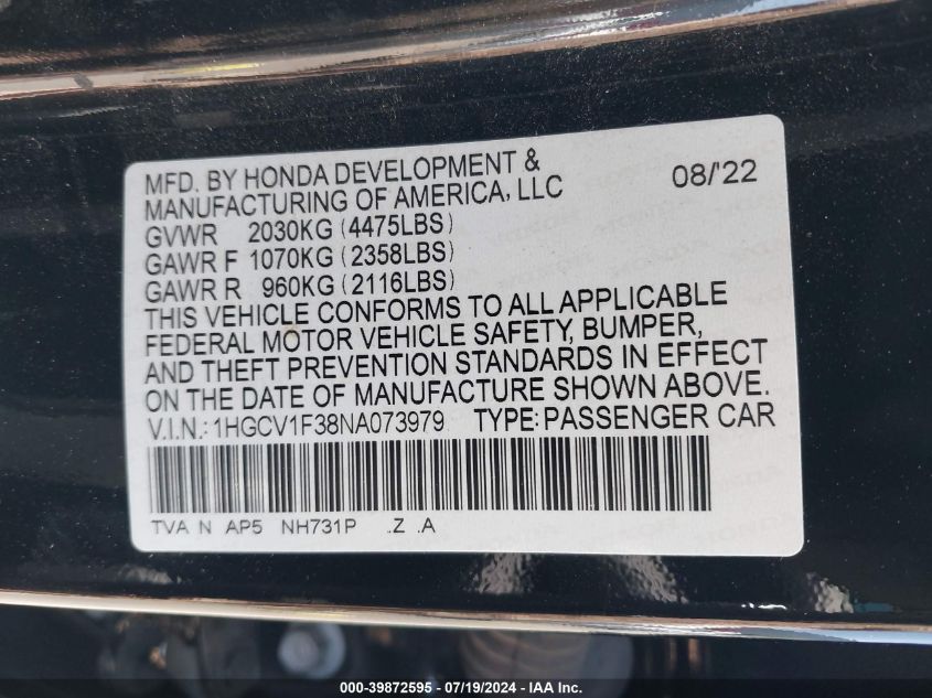 2022 Honda Accord Sport VIN: 1HGCV1F38NA073979 Lot: 39872595