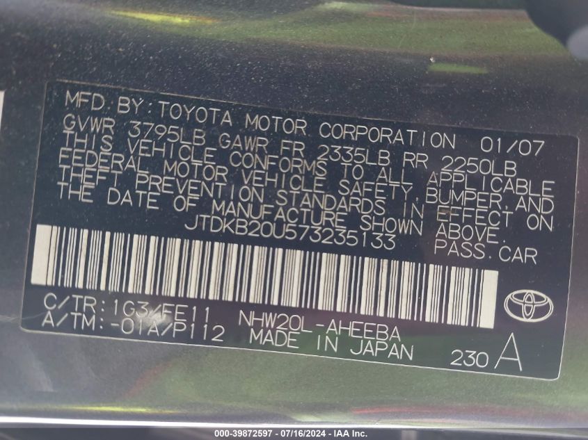 2007 Toyota Prius VIN: JTDKB20U573235133 Lot: 39872597