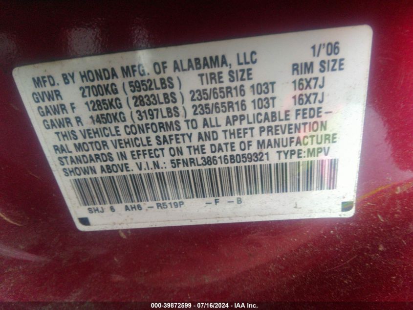 2006 Honda Odyssey Ex-L VIN: 5FNRL38616B059321 Lot: 39872599