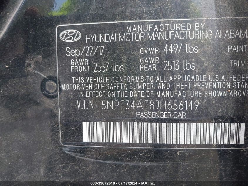 2018 Hyundai Sonata Limited VIN: 5NPE34AF8JH656149 Lot: 39872610