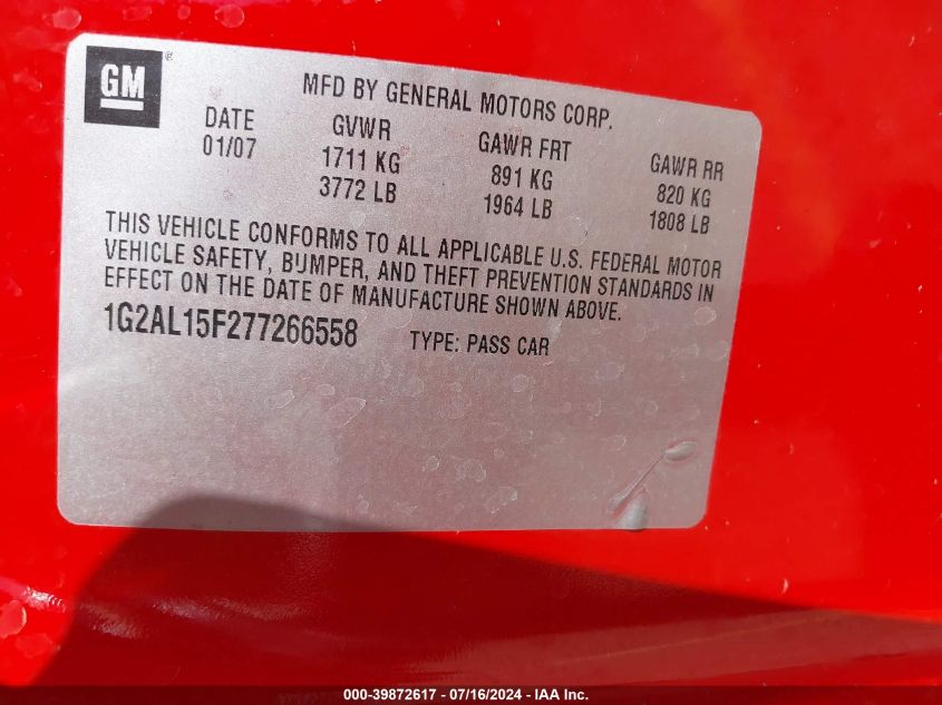 2007 Pontiac G5 VIN: 1G2AL15F277266558 Lot: 39872617