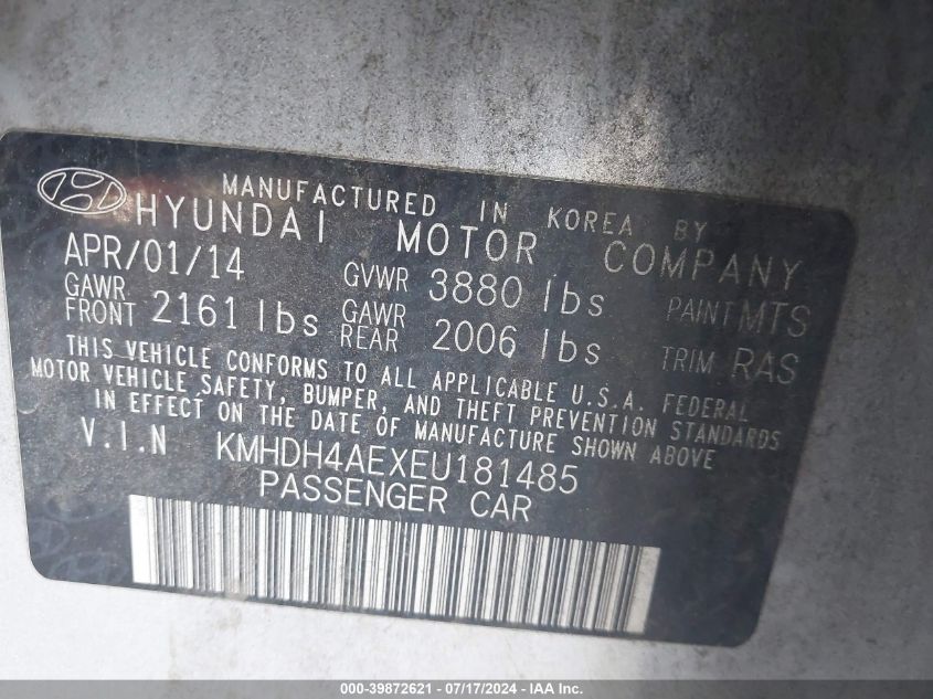 2014 Hyundai Elantra Se VIN: KMHDH4AEXEU181485 Lot: 39872621