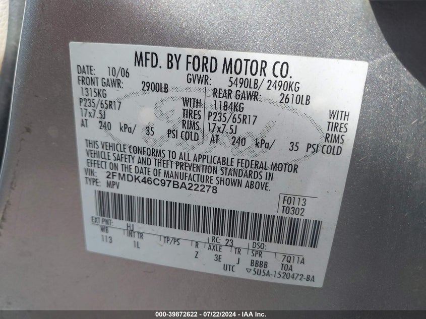 2007 Ford Edge Se VIN: 2FMDK46C97BA22278 Lot: 39872622