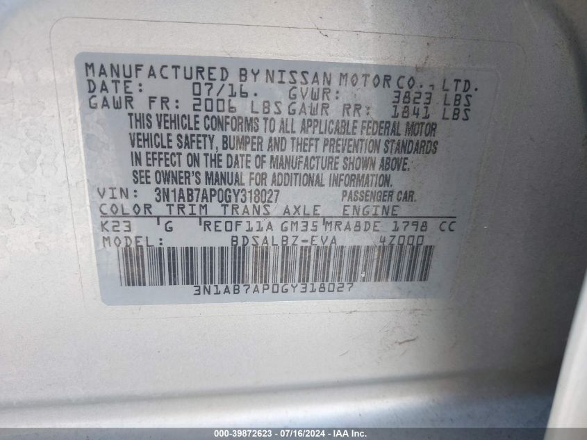 2016 Nissan Sentra S/Sv/Sr/Sl VIN: 3N1AB7AP0GY318027 Lot: 39872623