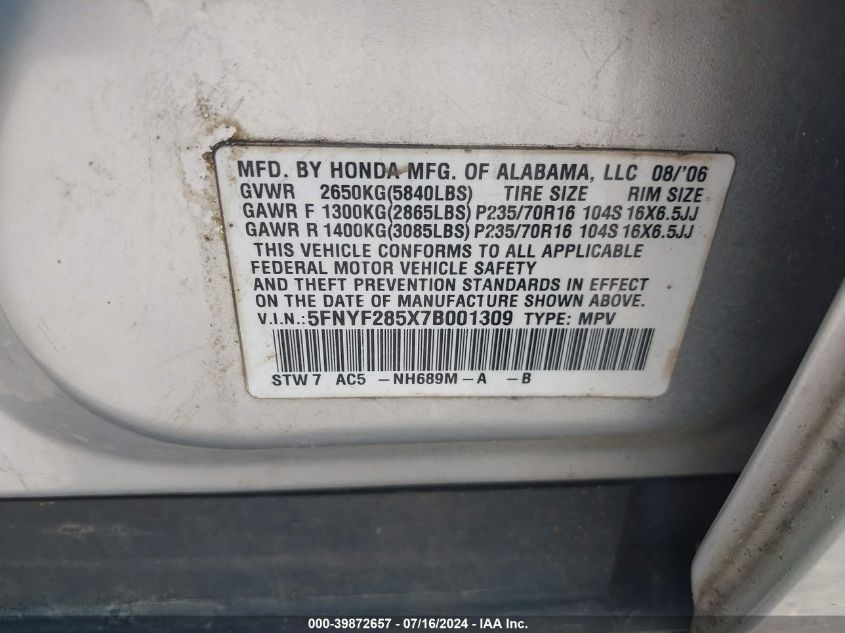 2007 Honda Pilot Ex-L VIN: 5FNYF285X7B001309 Lot: 39872657