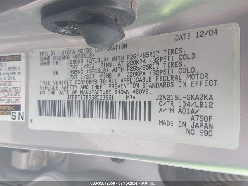 2005 Toyota 4Runner Limited V8 VIN: JTEBT17R358020581 Lot: 39872658