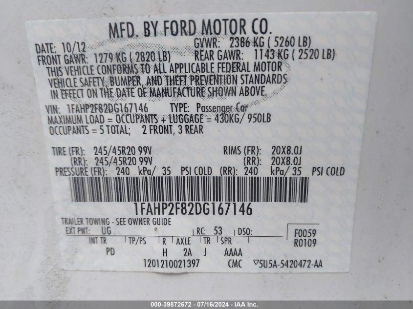 2013 Ford Taurus Limited VIN: 1FAHP2F82DG167146 Lot: 39872672