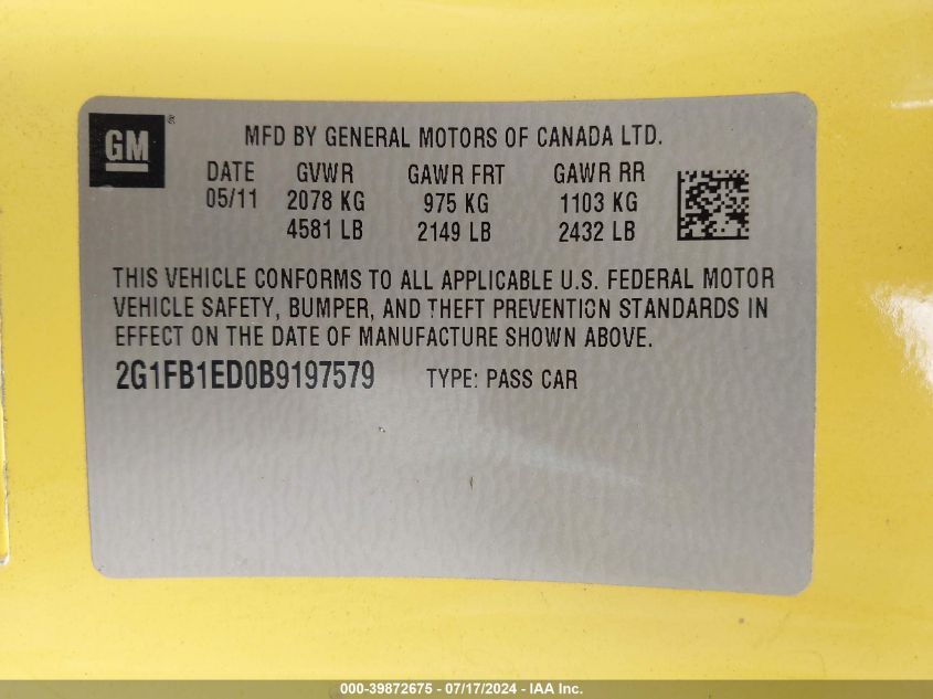 2011 Chevrolet Camaro 1Lt VIN: 2G1FB1ED0B9197579 Lot: 39872675