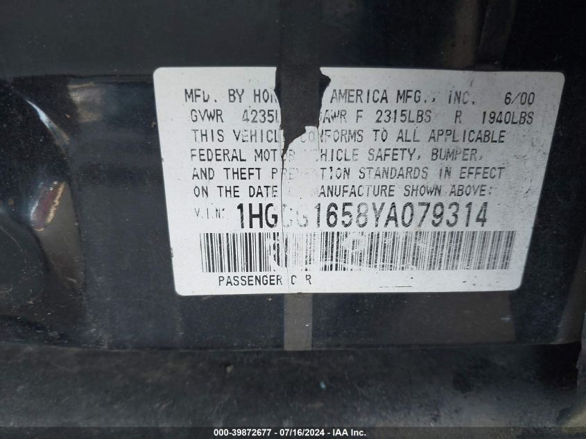 2000 Honda Accord Ex VIN: 1HGCG1658YA079314 Lot: 39872677