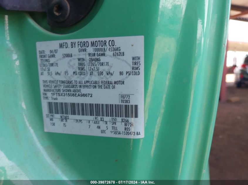 2008 Ford F350 Srw Super Duty VIN: 1FTSX31508EA98672 Lot: 39872678