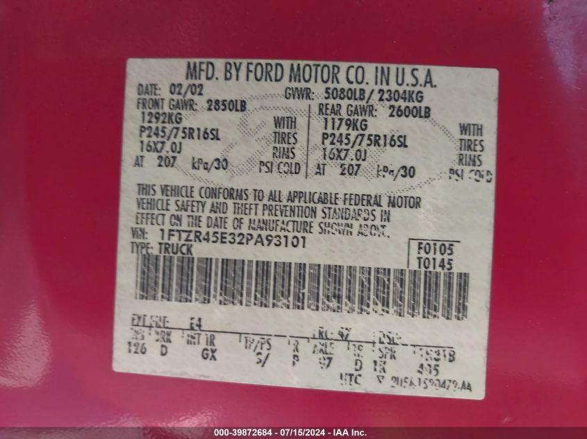 2002 Ford Ranger Edge/Xlt VIN: 1FTZR45E32PA93101 Lot: 39872684