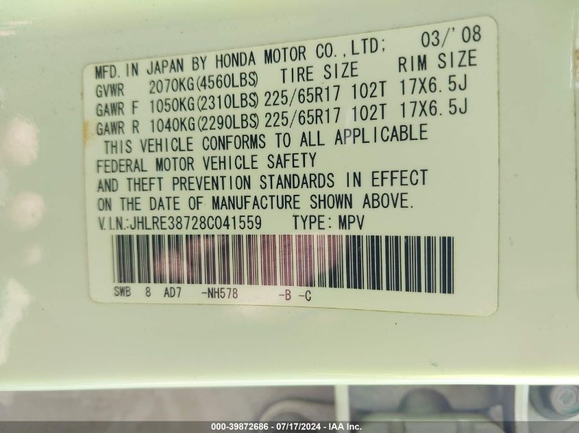 2008 Honda Cr-V Ex-L VIN: JHLRE38728C041559 Lot: 39872686