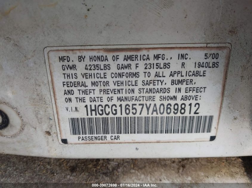 2000 Honda Accord 3.0 Ex VIN: 1HGCG1657YA069812 Lot: 39872698