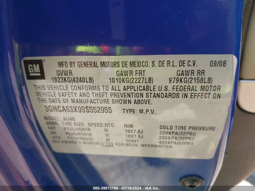 2009 Chevrolet Hhr Ss VIN: 3GNCA63X99S552955 Lot: 39872708