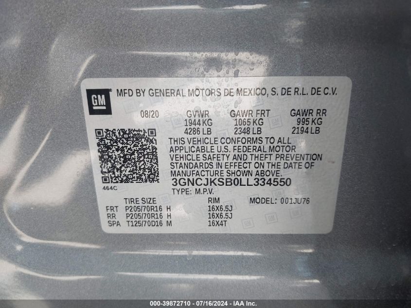 2020 Chevrolet Trax Fwd Ls VIN: 3GNCJKSB0LL334550 Lot: 39872710