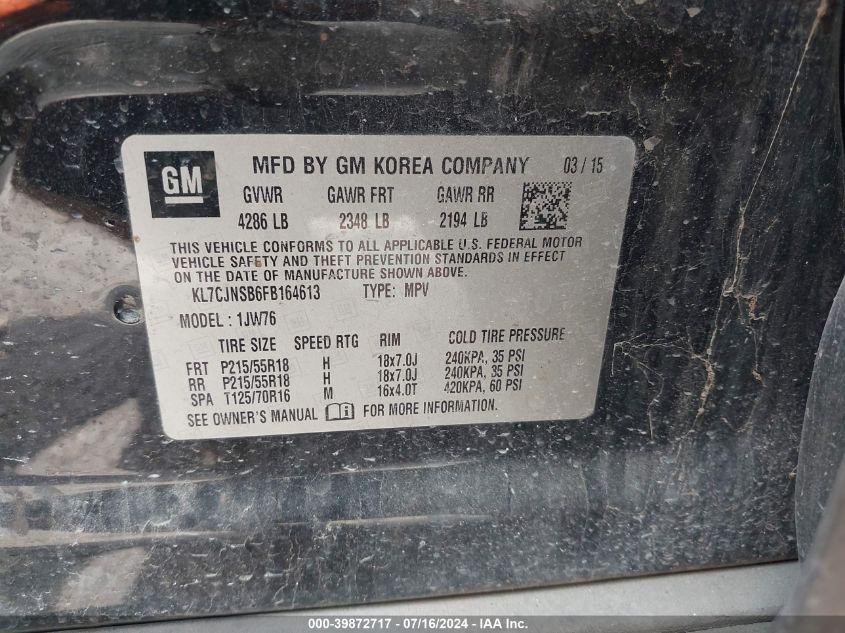 2015 Chevrolet Trax Ltz VIN: KL7CJNSB6FB164613 Lot: 39872717