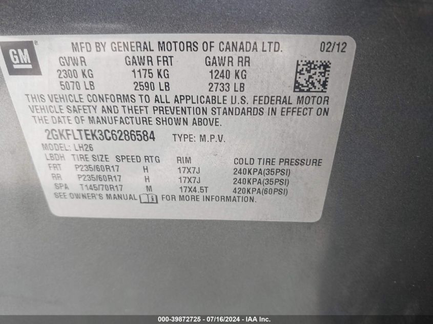 2012 GMC Terrain Sle-2 VIN: 2GKFLTEK3C6286584 Lot: 39872725