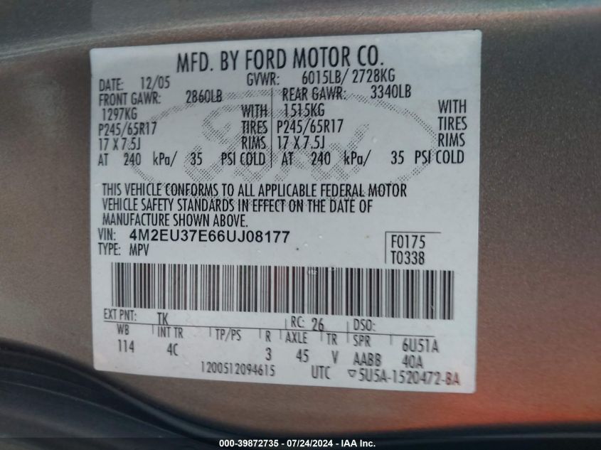 2006 Mercury Mountaineer Luxury VIN: 4M2EU37E66UJ08177 Lot: 39872735